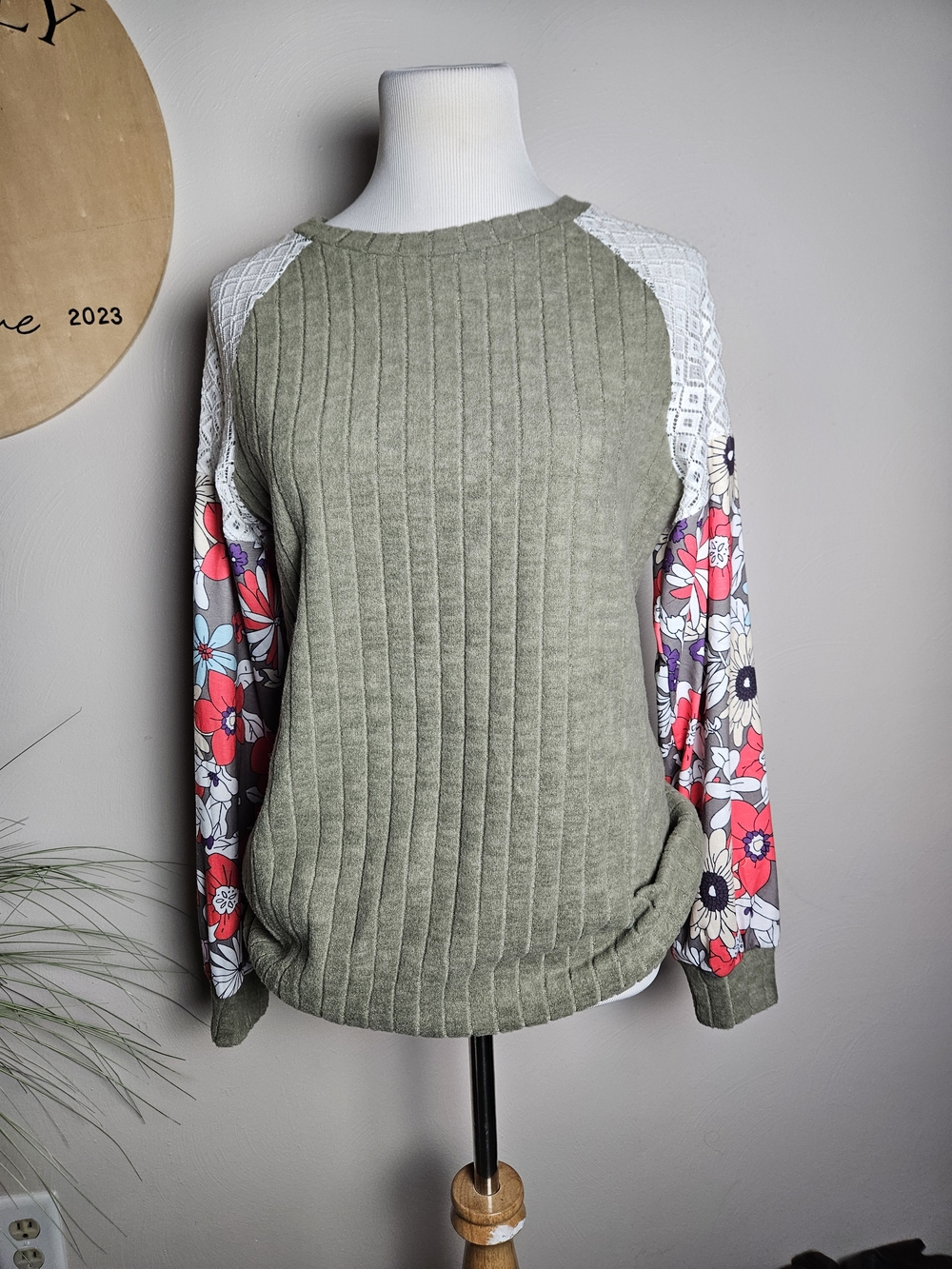Olive Green Knit Top with Floral Lace Raglan Sleeves
